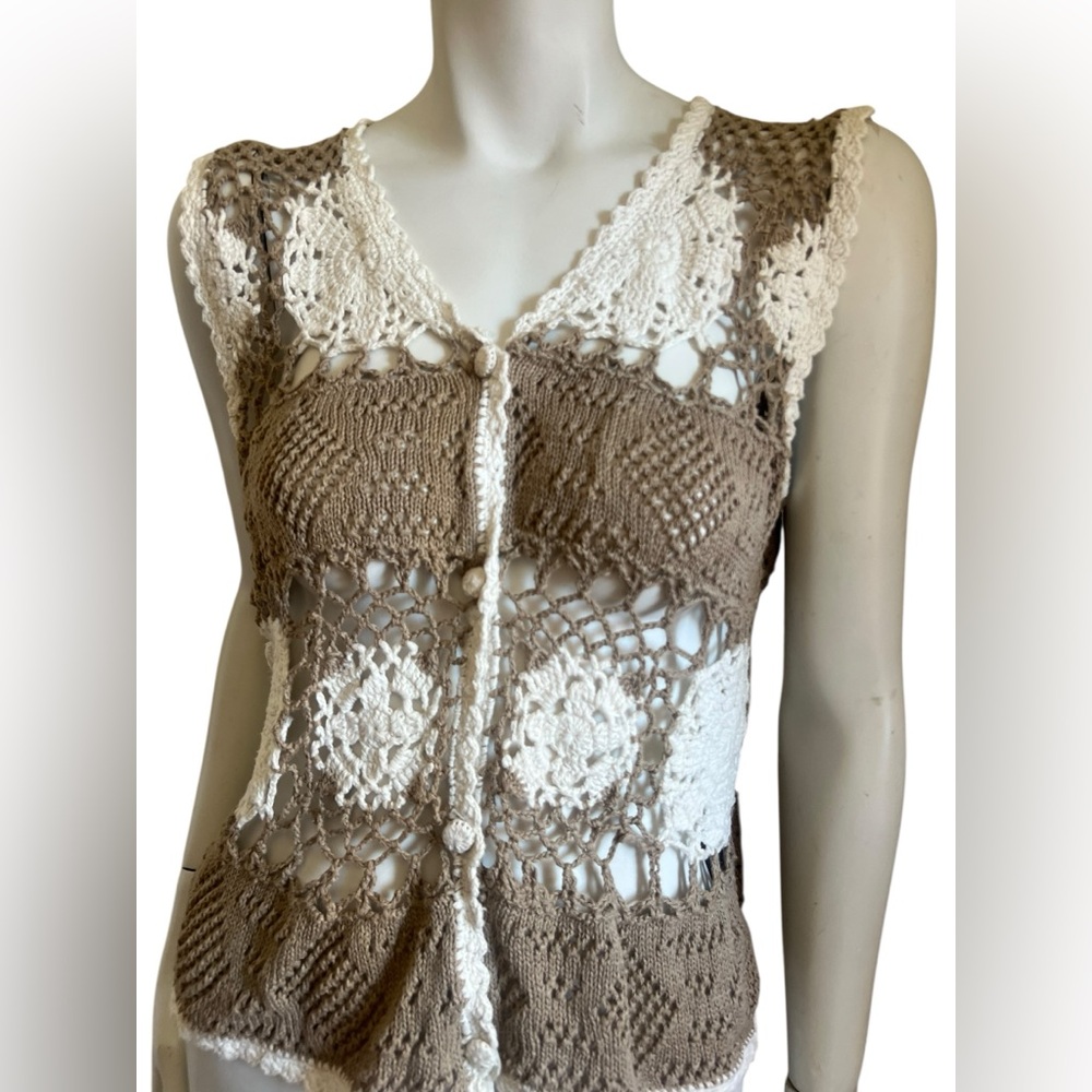 Vintage Reference Point Medium Crochet Lace Button-Up Vest